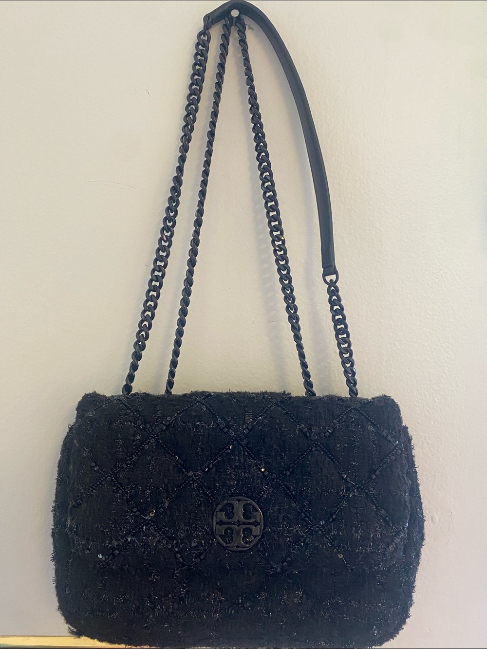 Tory burch willa beaded tweed small shoulder bag Chain-Handle can also be cross